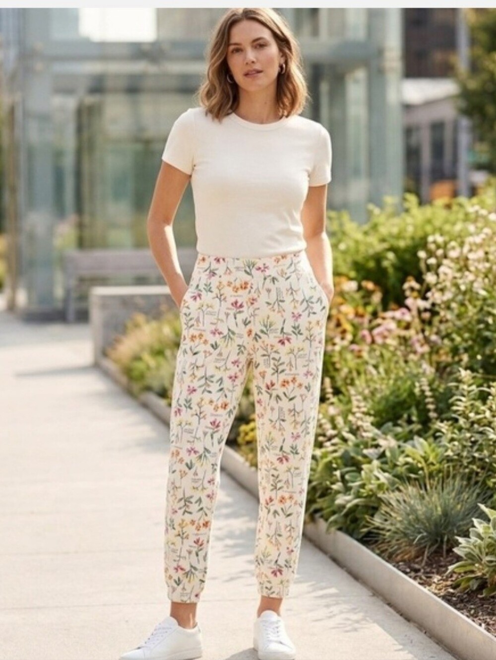 Lands End Serious Sweats Floral Botanical Print Joggers Sweatpants M 10-12